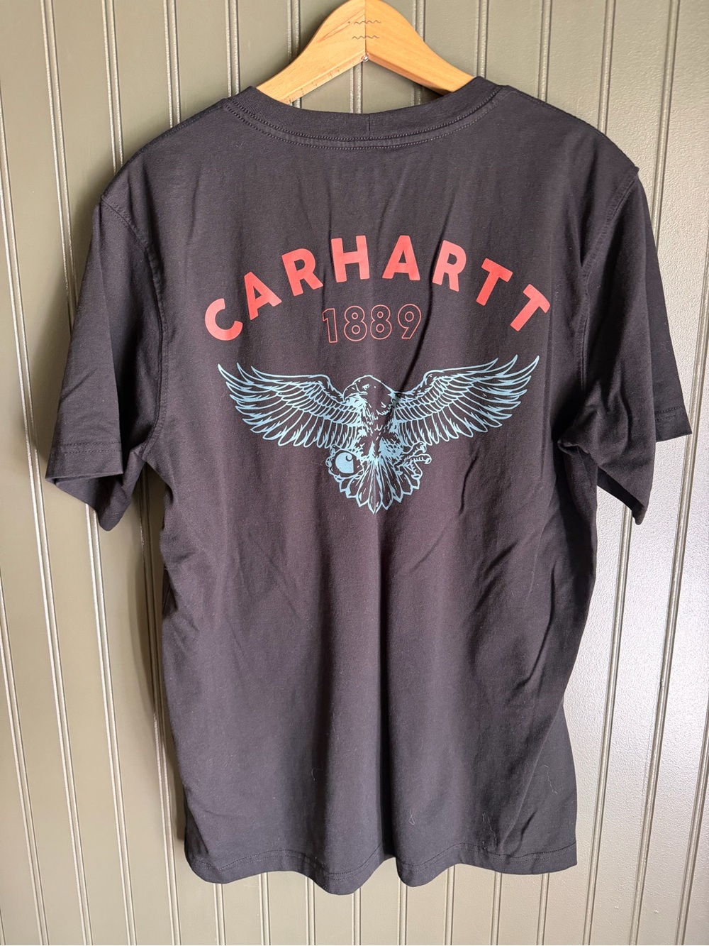 Carhartt Black Tee with Red Logo and Blue Eagle Graphic